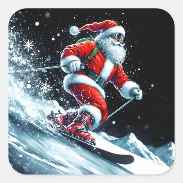 Sticker Carré Père Noël Ski en hiver amusant! (Devant)