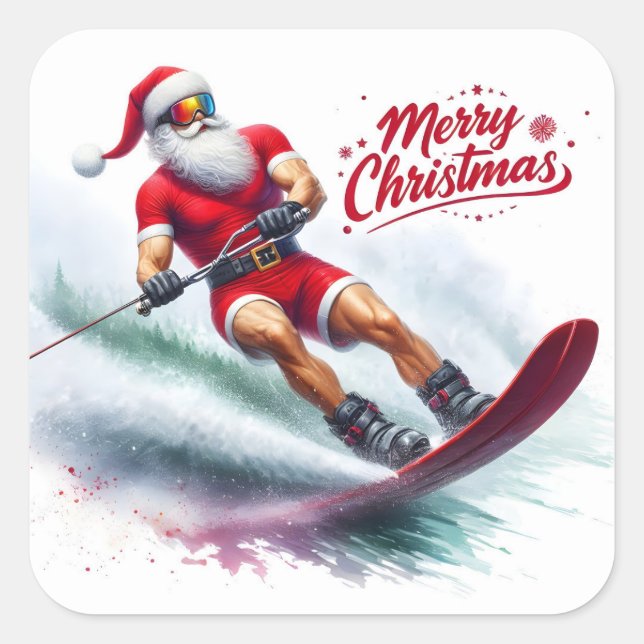 Sticker Carré Père Noël Ski sur une journée ensoleillée d'hiver (Devant)