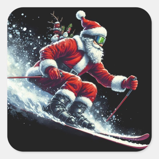 Sticker Carré Père Noël Skis pour les Vacances ! (Devant)