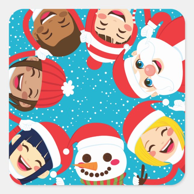 Sticker Carré Père Noël Snowman Et Enfants Tenant Les Mains (Devant)