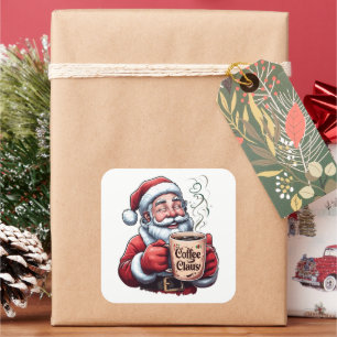Sticker Carré Père Noël souriant buvant du café Claus