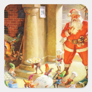 Sticker Carré Père Noël Supervise Elves Baking Christmas Cookies