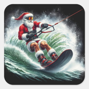 Sticker Carré Père Noël surfant au coucher du soleil