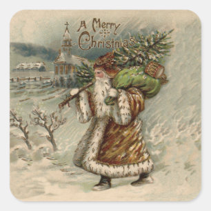 Sticker Carré Père Noël victorien avec sapin de Noël