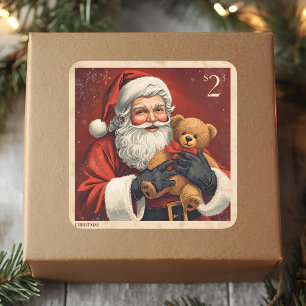 Sticker Carré Père Noël vintage avec ours en peluche timbre de N