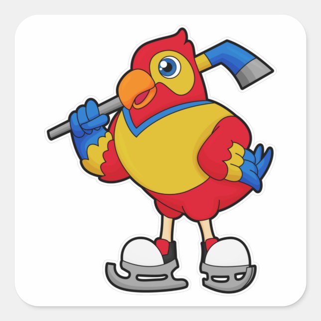 Sticker Carré Perroquet au hockey sur glace avec bâton de hockey (Devant)