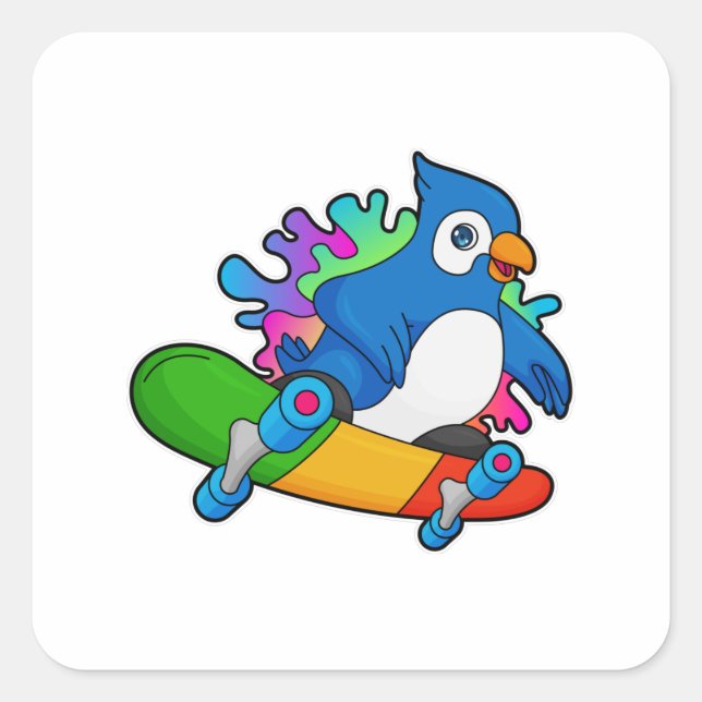 Sticker Carré Perroquet en tant que skate avec skateboard (Devant)