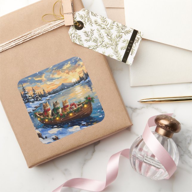 Sticker Carré Persian Cat Christmas Boat Holiday (Cadeaux)