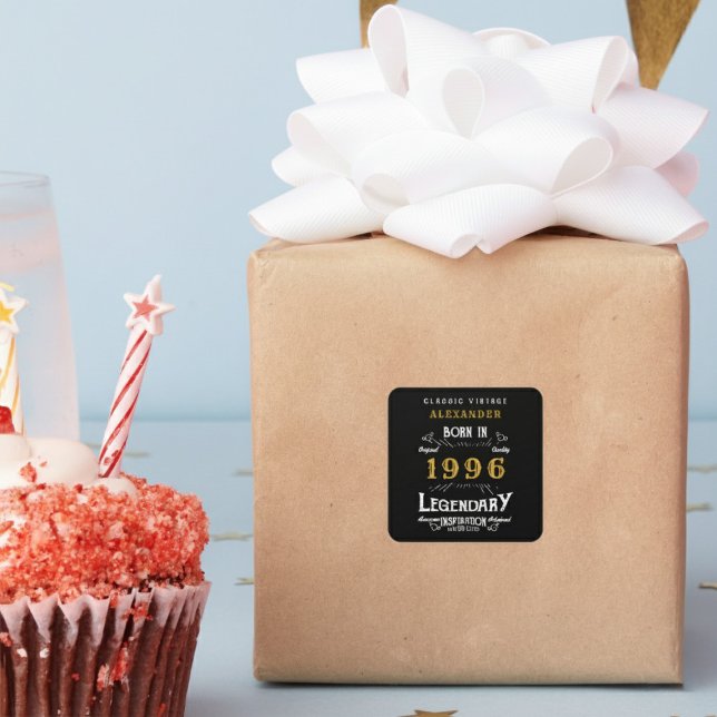 Sticker Carré Personalized 30th Birthday Add Name 1996 Legend (Born 1996 sticker on a wrapped gift.)