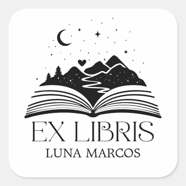 Sticker Carré Personalized Ex Libris with a Book and Stars Heart (Devant)