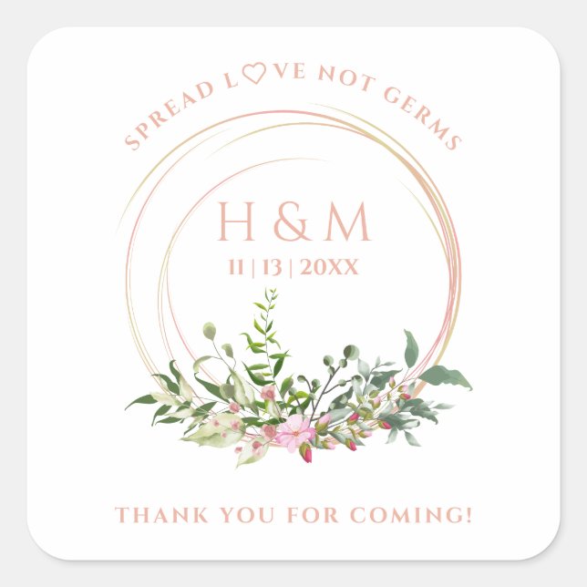 Sticker Carré Personalized Floral Garland Pink Wedding Sanitizer (Devant)