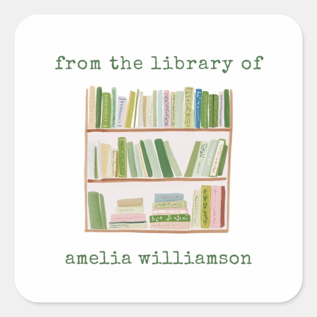 Sticker Carré Personalized Name From The Library Green Bookplate (Devant)