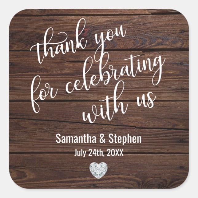 Sticker Carré Personalized Rustic Wood Heart Thank You Wedding (Devant)