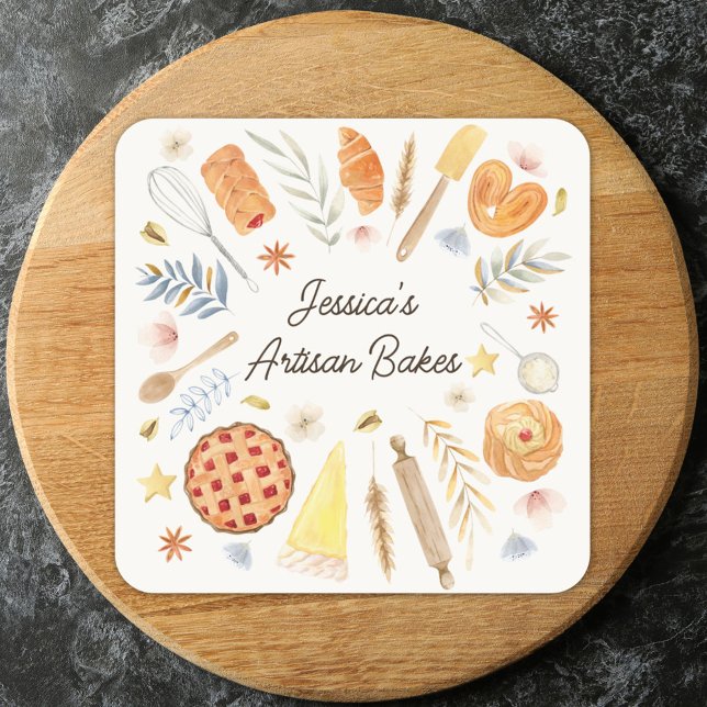 Sticker Carré Personalized Watercolor Pastry Baking Bakery (Close up)