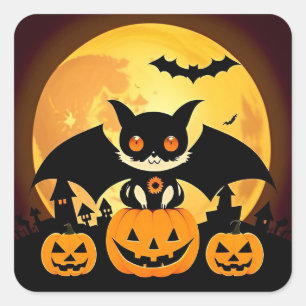 Sticker Carré Personnage de chat mignon pour Halloween Citrouill