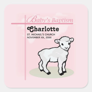 Sticker Carré Personnalisable, Baptême, Rose, Fille, Agneau