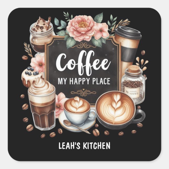 Sticker Carré ☕ Personnalisé Café Cuisine Café Café Café Joyeux  (Devant)