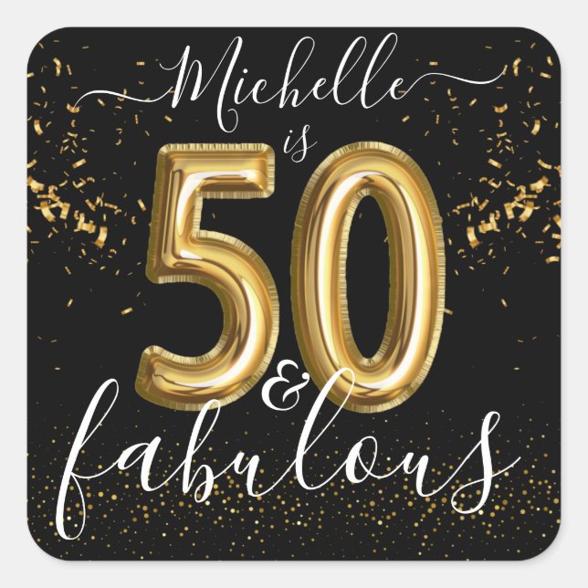 Sticker Carré Personnalisé Chic 50e anniversaire fête Black Gold (Devant)