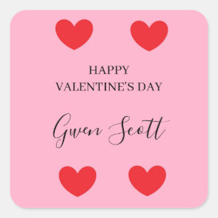 Sticker Carré Personnalisé Happy Valentine's rouge coeur rose