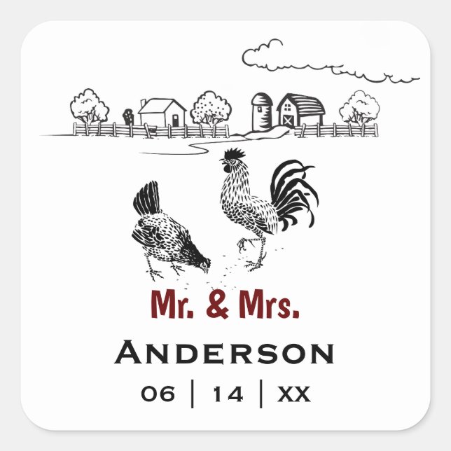 Sticker Carré Personnalisé M. et Mme Chicken Mariage agricole (Devant)