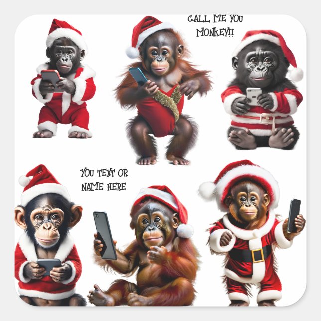Sticker Carré Personnalisé Noël Singe Primate Ape Drôle Appelez- (Devant)