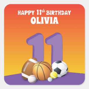 Sticker Carré Personnalisé Nom Fille 11e Anniversaire Balles de