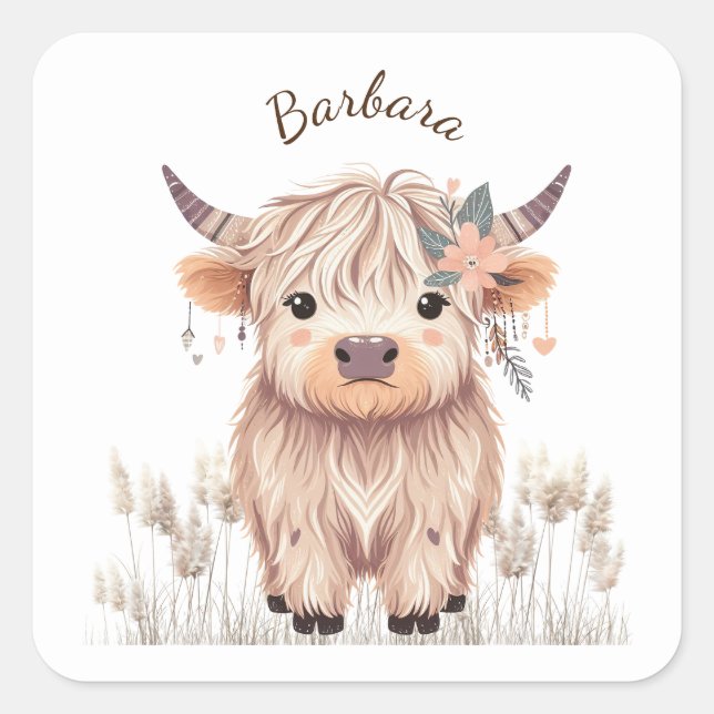 Sticker Carré Personnalisé Prénom mignon Moderne Boho Highland C (Devant)
