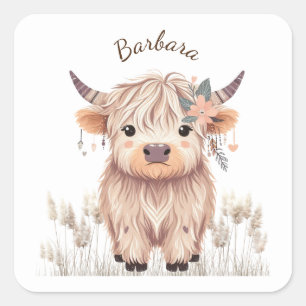 Sticker Carré Personnalisé Prénom mignon Moderne Boho Highland C