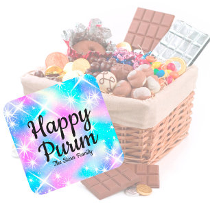 Sticker Carré Personnalisé Sparkle Pastel Mishloach Manot Happy