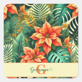 Sticker Carré Personnalisé Vibrant Tropical Noël Poinsettia