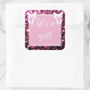 Sticker Carré Personnaliser bébé fille douche rose étincelles