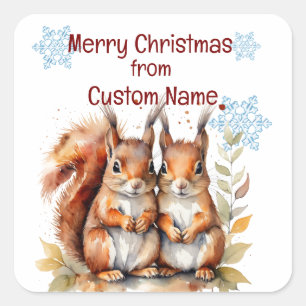 Sticker Carré Personnaliser de Noël mignonne écureuil couple ani