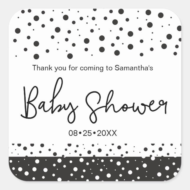 Sticker Carré Personnaliser, Noir, Blanc, Baby shower, Merci (Devant)