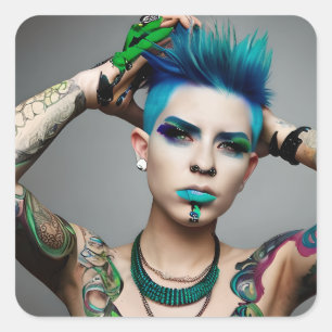 Sticker Carré Personne transgenre avec Mohawk bleu
