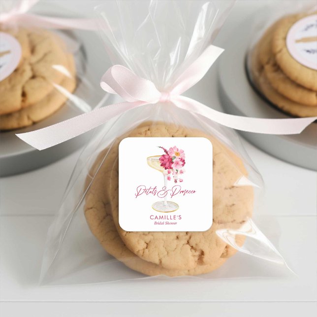 Sticker Carré Pétales et prosecco Faveur de douche de mariage fl (Champagne Pink Floral Bridal Shower Favor Stickers)