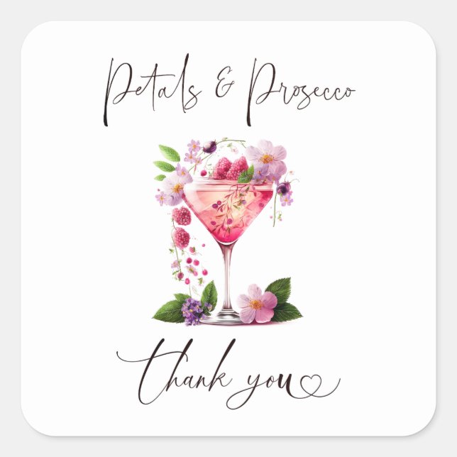 Sticker Carré Pétales & Prosecco Rose Pâle Fleurs Mariage (Devant)