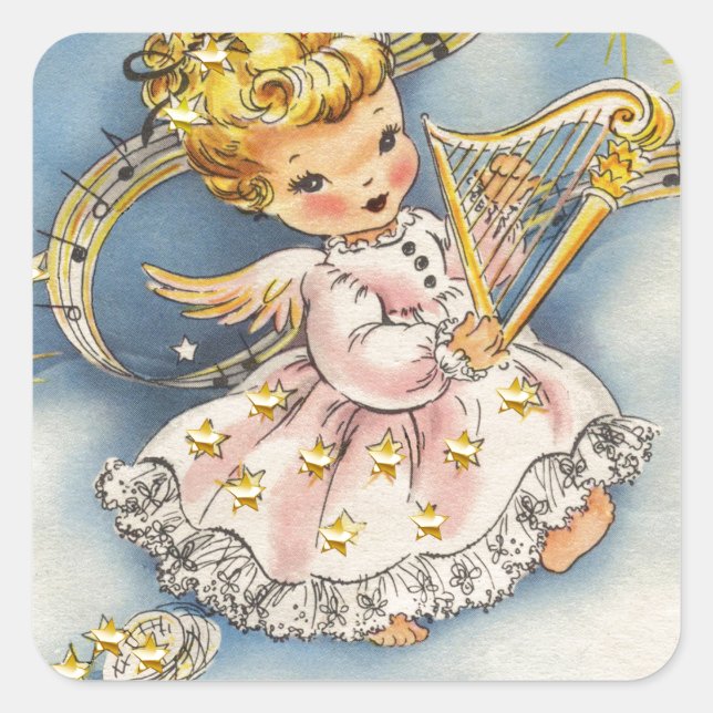 Sticker Carré Petit Ange Avec Sa Harpe (Devant)