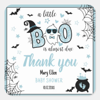 STICKER CARRÉ PETIT BOO BLUE HALLOWEEN BABY SHOWER MERCI