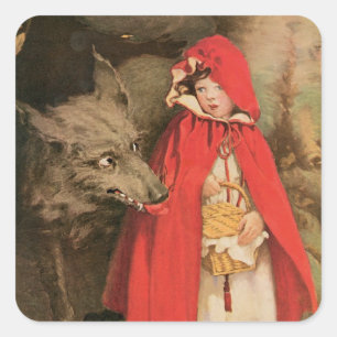 Sticker Carré Petit chapeau rouge vintage et grand loup méchant
