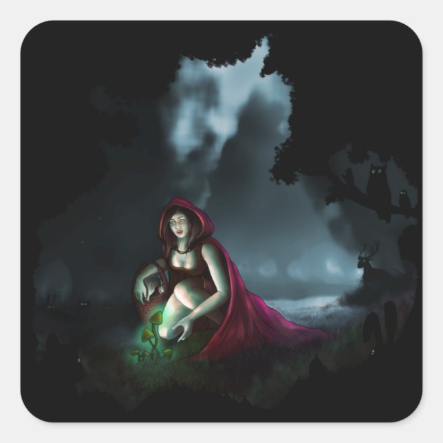Sticker Carré Petit chaperon rouge et champignons magiques (Devant)