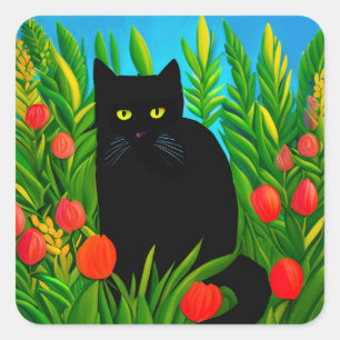 Sticker Carré Petit chat noir dans un jardin de tulipes