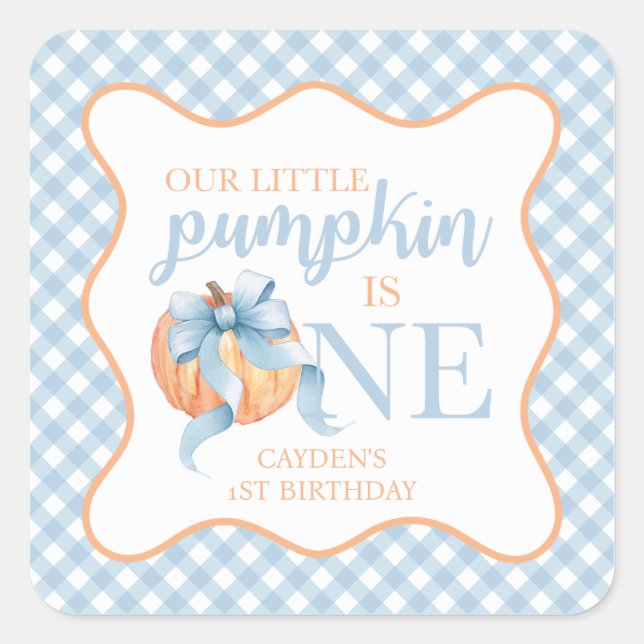 Sticker Carré Petit Citrouille pastel bleu arc plaid 1er anniver (Devant)