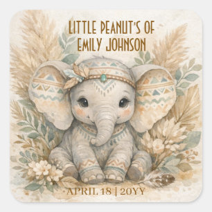 Sticker Carré Petit éléphant boho safari garçon Baby Shower