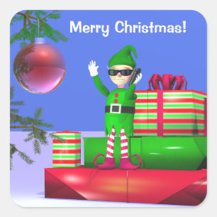 Sticker Carré Petit Elfe de Noël debout sur les cadeaux