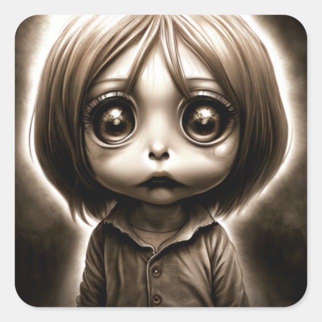 Sticker Carré Petit enfant effrayant avec les grands yeux Chibi (Devant)