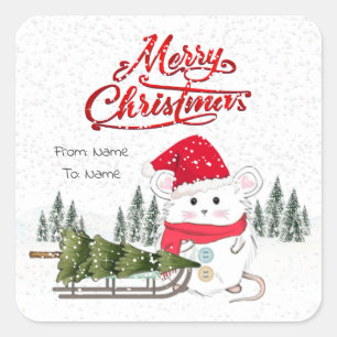 Sticker Carré Petit Hamster Joyeux Arbre de Noël