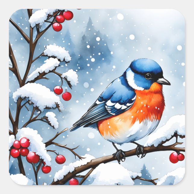 Sticker Carré Petit oiseau bleu dans la neige (Devant)