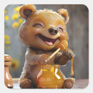 Sticker Carré Petit ours mangeant du miel