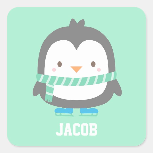 Sticker Carré Petit Pingouin mignon avec Écharpe d'hiver pour le (Devant)
