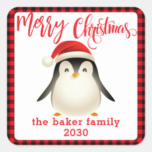 Sticker Carré Petit pingouin mignon avec le chapeau de Noël
